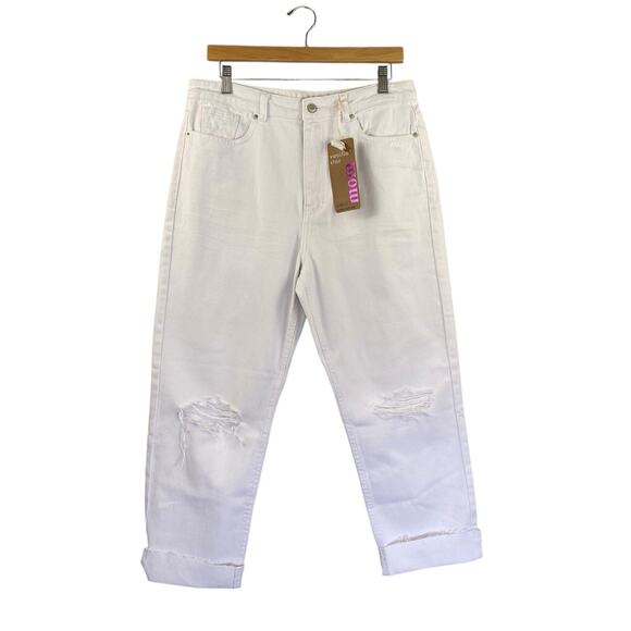 Vanilla Star Juniors Sz 11 Mom Jean White Raw Rolled Cuff Distressed StretchNEW - Picture 1 of 13